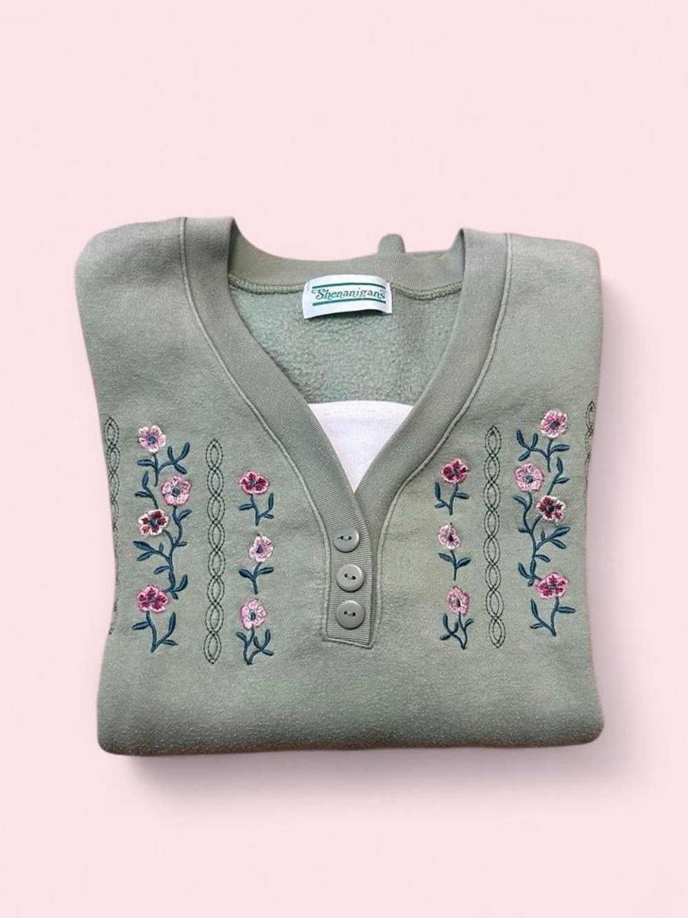 Vintage Embroidered V-Neck Sweater - Sage Green